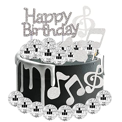 YGCHEN Discokugel Tortendeko Musik Kuchen Dekoration Disco Ball Cake Toppers Happy Birthday Torten Topper Glitter Musiknoten Cupcake Topper für Disco Musik Thema Party Deko von YGCHEN