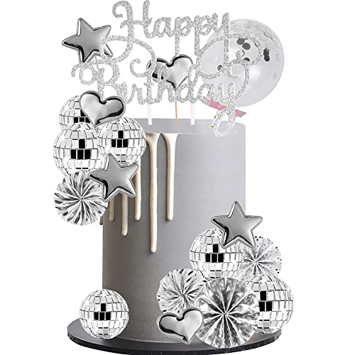 YGCHEN Discokugel Tortendeko Papierfächer Kuchen Dekoration Konfetti Luftballon Kuchendeko Happy Birthday Cake Toppers Sterne Herz Cupcake Topper Disco Ball Glitzer Geburtstag Deko von YGCHEN