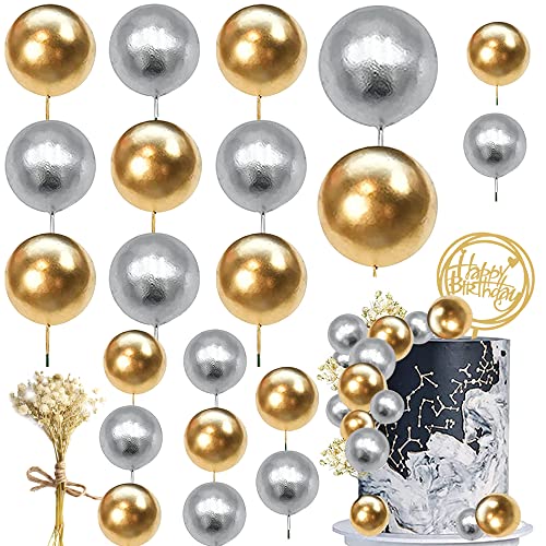 YGCHEN Goldene Kugeln Tortendeko Hochzeit Cupcake Topper Discokugel Kuchen Deko Getrocknete Blumen Cake topper Happy Birthday Kuchen Topper Spiegelkugel Geburtstag von YGCHEN