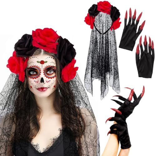 YGCHEN Halloween Tag der Toten Haarreif, Rot Nagelhandschuhe, Geisterbraut Stirnband mit Blumen und Schleier, Halloween Fingernägel Handschuhe, Halloween Kostüm Accessoires von YGCHEN