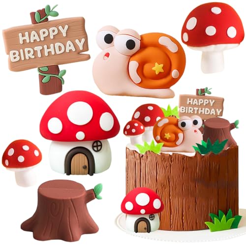 YGCHEN Pilz Tortendeko Schnecke Kuchendekoration Pilzhaus Kuchen Deko Fee Tortendeko Mini Figuren Dekoration Baumstumpf Kuchen Dekoration Kindergeburtstag 6 Stück von YGCHEN