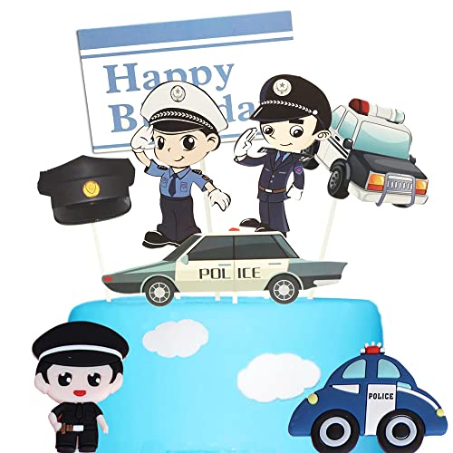 YGCHEN Polizei Tortendeko Geburtstag Kuchen Deko Polizei Figuren Auto Cake Toppers Happy Birthday Polizeiauto Kuchendeckel Polizisten Kindergeburtstag Cupcake Topper von YGCHEN