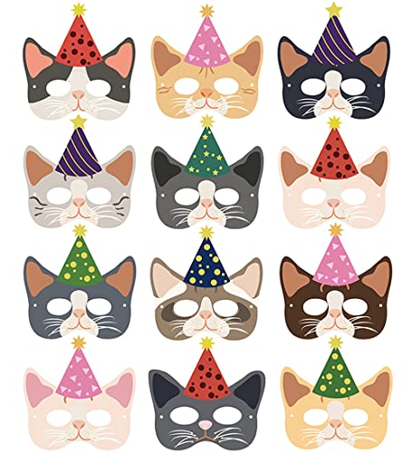 YGCHEN Tiermasken Papier Masken Katze Maske Kindermasken Tier Party Masken Halloween Maske Weihnachten Kindergeburtstag Deko 12 Stück von YGCHEN