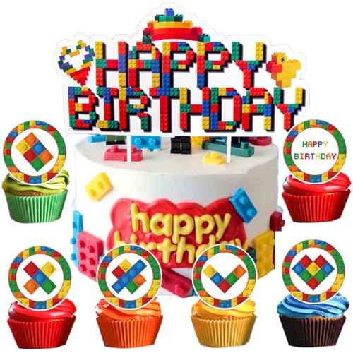 YGCHEN Tortendeko Bausteine Cupcake Topper Kindergeburtstag Kuchen Deko Blocks Kuchen Dekoration Happy Birthday Cake Topper Baustein Geburtstag Kuchen Topper 49 Stück von YGCHEN