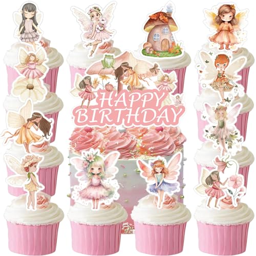 YGCHEN Tortendeko Fee Cupcake Topper Schmetterlinge Blumenfee Kuchen Dekoration Fairy Cake Topper Happy Birthday Kuchen Deko Mädchen Geburtstag Kuchendekoration 25 Stück von YGCHEN