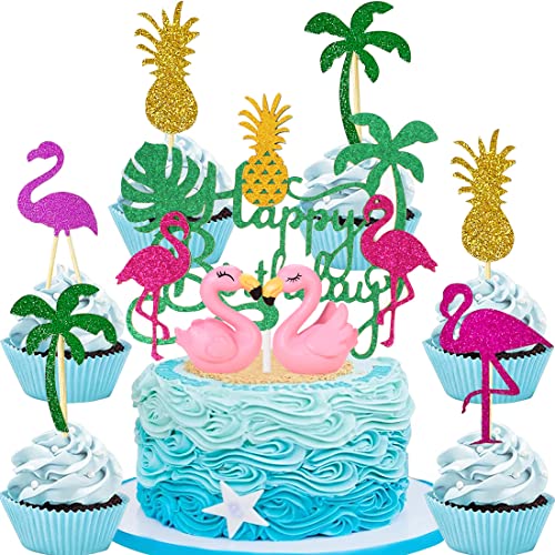 YGCHEN Tortendeko Flamingo Kuchen Dekoration Ananas Kuchen Topper Happy Birthday Cake Toppers Flamingos Figuren Kuchendeko Hawaii Aloha Cupcake Topper Sommer Geburtstag Party Dekoration von YGCHEN