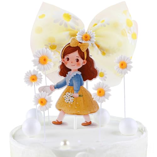 YGCHEN Tortendeko Gänseblümchen Kuchen Dekoration Blume Mädchen Kuchen Deko Daisy Schleife Kuchen Topper Geburtstag Dekoration Sonnenblume Cake Topper Baby Shower Mädchen Geburtstag Deko von YGCHEN