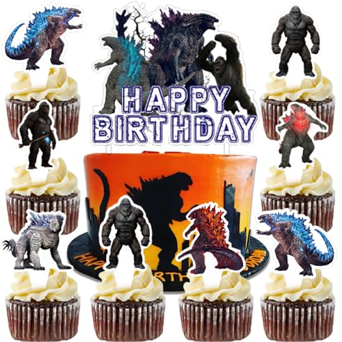 YGCHEN Tortendeko Godzilla Cupcake Topper Kindergeburtstag Kuchen Deko Godzilla vs Kong Kuchen Dekoration Happy Birthday Cake Topper Godzilla Geburtstag Dinosaurier Gorilla Kuchen Topper 25 Stück von YGCHEN