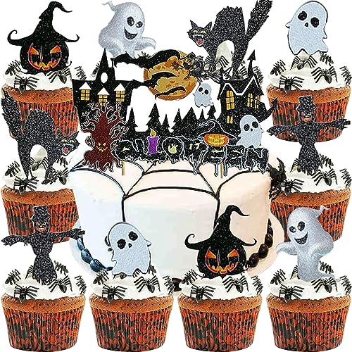 YGCHEN Tortendeko Halloween Kuchen Dekoration Kürbis Cupcake Topper Fledermaus Geister Kuchen Deko Happy Halloween Cake Toppers Katze Kuchen Topper Halloween Decoration 33 Stück von YGCHEN