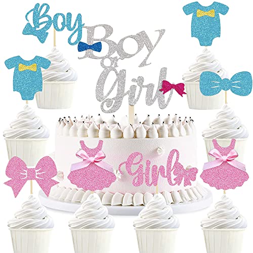 YGCHEN Tortendeko Junge oder Mädchen Cupcake Toppers Boy or Girl Cake Toppers Blau Kuchendeckel Rosa Kuchen Deko für Baby Shower Gender Reveal Party Babyparty (25 Stück) von YGCHEN