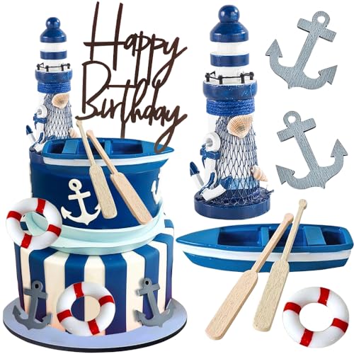 YGCHEN Tortendeko Nautische Kuchen Dekoration Mini Leuchtturm Figuren Happy Birthday Cake Topper Schiff Rettungsring Schiffsanker Kuchen Deko Kindergeburtstag 9 Stück von YGCHEN