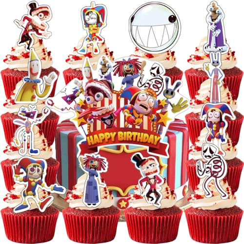 YGCHEN Zirkus Tortendeko Kindergeburtstag Cupcake Topper Circus Kuchen Deko Happy Birthday Cake Topper Zirkus Clown Kuchen Topper Geburtstagsdeko 26 Stück von YGCHEN