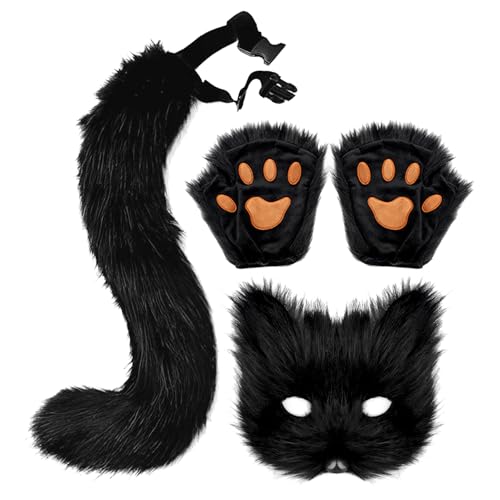 YGHQAP Kunstpelz-Katzenmasken-Handschuhe-Schwanz-Set, Halloween-Schwarz-Weiß-Grau-Pelzkatzenkostüm, Tier-Cosplay-Zubehör für Halloween, Süßes Kostümzubehör für Party-Act-Auftritte (A) von YGHQAP