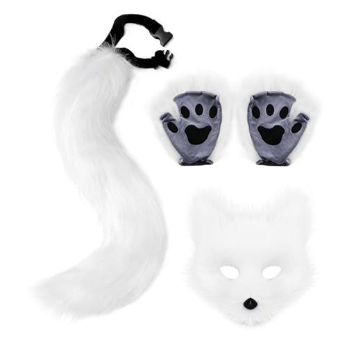 YGHQAP Kunstpelz-Katzenmasken-Handschuhe-Schwanz-Set, Halloween-Schwarz-Weiß-Grau-Pelzkatzenkostüm, Tier-Cosplay-Zubehör für Halloween, Süßes Kostümzubehör für Party-Act-Auftritte (B) von YGHQAP