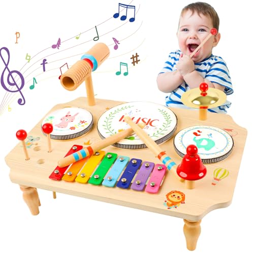 YGJT Schlagzeug Kinder, Trommel Kinder 11-in-1 Musikinstrumente Kinder ab 1 2 3 Jahre mit Xylophon, Montessori Baby Spielzeug Kinderspielzeug Holzspielzeug für Ostern Weihnacht Geschenk Junge Mädchen von YGJT