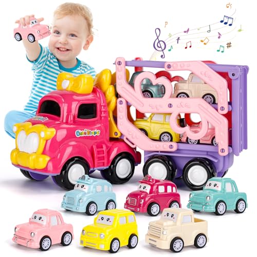 YGNNXRN Spielzeug Auto ab 1 2 3 Jahren Mädchen, 7-in-1 Carrier Truck LKW Spielzeug für Kleinkind Alter 1 2 3 mit Licht & Musik 3-Layer Transport Truck für Kinder Baby Mädchen, Geburtstag Geschenk von YGNNXRN