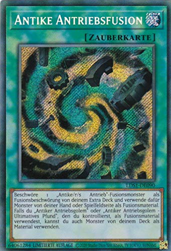 LDS1-DE090 - Antike Antriebsfusion - Secret Rare - Yugioh - Deutsch - Limitierte Auflage im Set mit Ultra Pro Toploader und Ultra Pro Schutzhülle (Klarsicht) von YGO