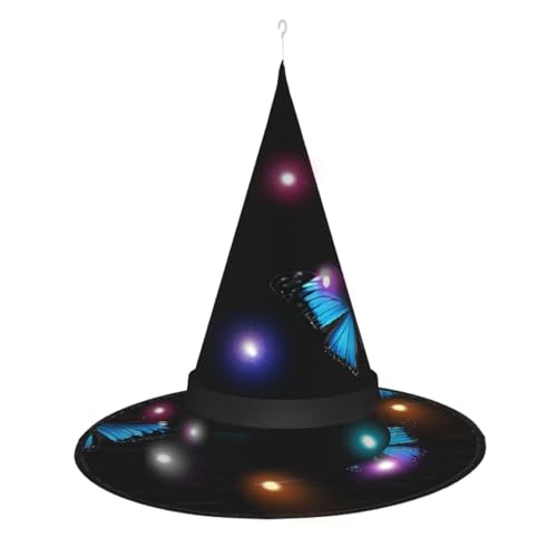 YGXDYDE Wunderschöner blauer Hexenhut mit Schmetterlingsdruck, Halloween-Hexenhut, LED-beleuchteter Hexenhut mit 3 Beleuchtungsmodi, Innen- und Außenbereich, Garten, Terrasse, Party-Dekoration von YGXDYDE