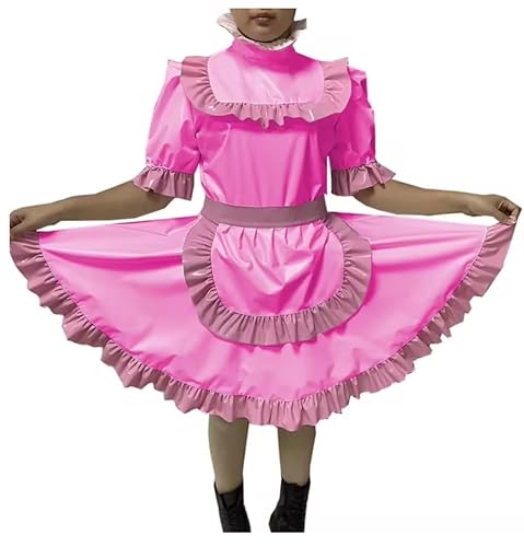 YGZHANYUANOKU Abschließbares Kleid für Erwachsene, Crossdressing, PVC-Kleid, Dienstmädchen-Uniform, Schürze, Kostüm, Jumpsuits, Strampler, maßgeschneidert, Rosa, Größe 3XL von YGZHANYUANOKU