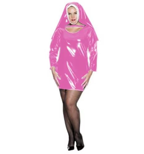 YGZHANYUANOKU Club Wet Look PVC-Nonnen-Uniform, figurbetontes Kleid mit Kopfbedeckung, Kunstlatex, Nonne, lustiges Cosplay-Kostüm, Kleid, Halloween, Party, anpassbar, Rosa, Größe L von YGZHANYUANOKU