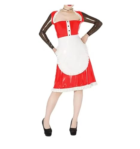 YGZHANYUANOKU Damenkleid mit quadratischem Ausschnitt, langärmelig, Dienstmädchen-Uniformen mit Schürze für Rollenspiele, elegantes Patchwork, PVC-Leder-Kostüme, personalisierbar, Rot, Größe XXL von YGZHANYUANOKU