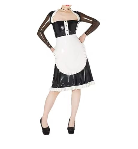 YGZHANYUANOKU Damenkleid mit quadratischem Ausschnitt, langärmelig, Dienstmädchen-Uniformen mit Schürze für Rollenspiele, elegantes Patchwork, PVC-Leder-Kostüme, personalisierbar, Schwarz, Größe L von YGZHANYUANOKU