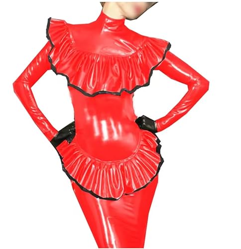 YGZHANYUANOKU Glänzendes PVC-Leder für Damen, gerüscht, Hüfte, nackte Brust, geteilter Anzug, Rollkragen, langärmelig, Top, Nachtparty, personalisierbar, Rot, 6XL von YGZHANYUANOKU