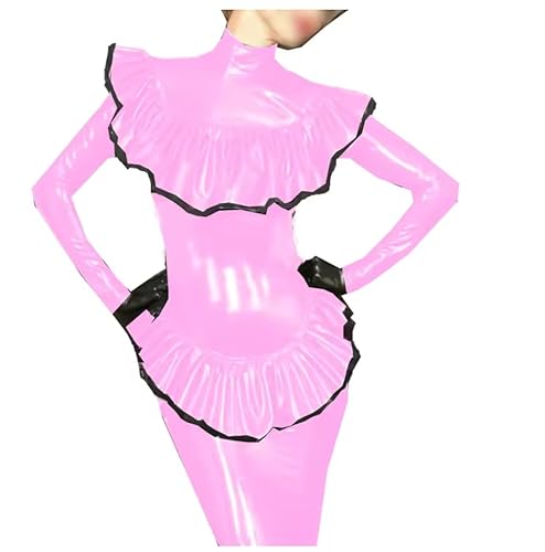 YGZHANYUANOKU Glänzendes PVC-Leder für Damen, gerüscht, Hüfte, nackte Brust, geteilter Anzug, Rollkragen, langärmelig, Tops, Nachtparty, personalisierbar, Rosa, 6XL von YGZHANYUANOKU