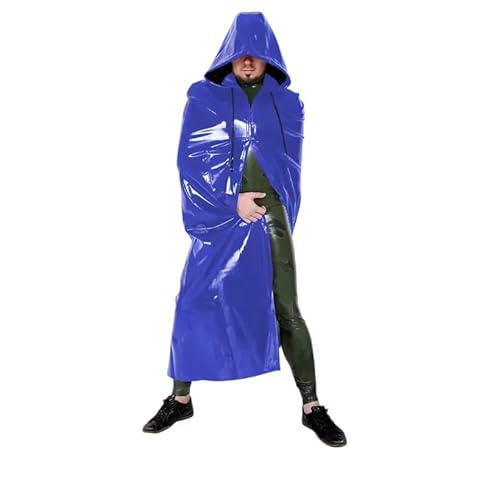 YGZHANYUANOKU Herren Mit Kapuze Lange Trenchcoat Nass Look Punk Slim Cape Ärmelloses Wraped Poncho Männlichen PVC Jacken Halloween Cosplay, Blau, L, blu, L von YGZHANYUANOKU