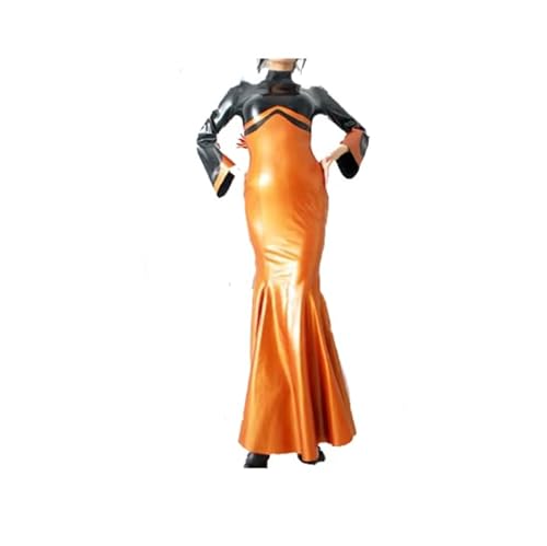 YGZHANYUANOKU Langes Kleid aus Latexgummi, für Damen, Maskerade, Pagodenärmel, hübsches orangefarbenes und schwarzes Kleid, personalisierbar, Orange / Schwarz, 7XL von YGZHANYUANOKU