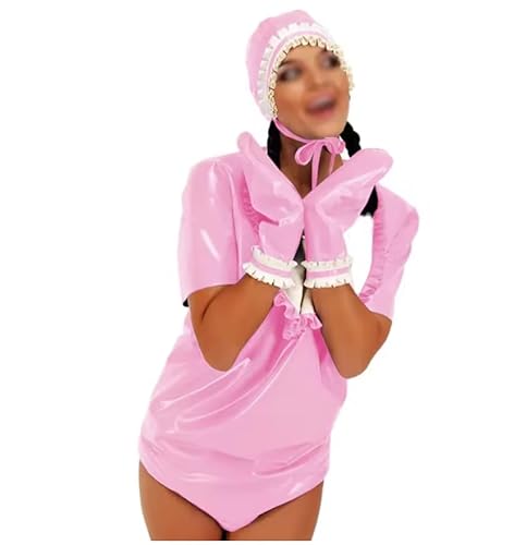 YGZHANYUANOKU PVC-Leder-Body-Set, Lolita-Strampler mit Rüschenhandschuhen, Cosplay-Kostüm, Clubwear für Erwachsene, anpassbar, Rosa, Größe S von YGZHANYUANOKU