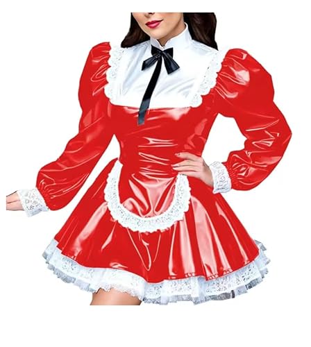 YGZHANYUANOKU Sissy Crossdresser-Dienstmädchen-Cosplay-Kostüm, PVC-Kleid, Leder, Gothic-Stil, Dienstmädchen, Cosplay, mit Schürze, personalisierbar, Rot, Größe 3XL von YGZHANYUANOKU