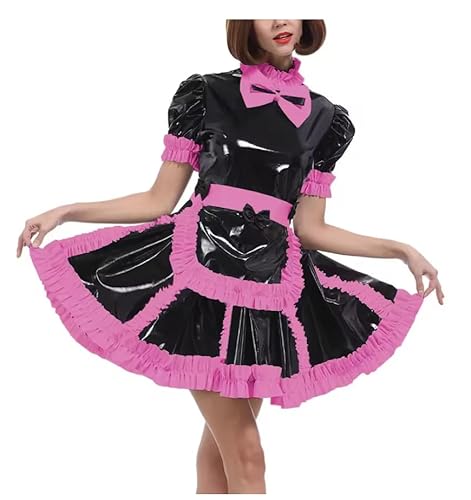 YGZHANYUANOKU Sissy Crossdresser-Kostüm für Herren, PVC-Lackleder, Dienstmädchen, abschließbar, Cosplay, Halloween, Teddy-Kostüm mit Schürze, personalisierbar, Rosa, Größe 3XL von YGZHANYUANOKU