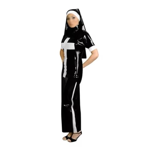 YGZHANYUANOKU Sissy Langes Bleistiftkleid mit Kopftuch, Wet-Look, Party, Fancy Cosplay, Uniformen, hoher Halsausschnitt, glänzendes PVC-Leder, Nonnen-Kostüm, personalisierbar, Schwarz, Größe L von YGZHANYUANOKU