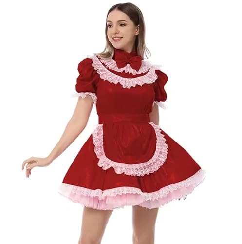 YGZHANYUANOKU Sissy Minikleid aus PVC-Leder mit Schürze, Dienstmädchen-Uniformen, hoher Halsausschnitt, Spitzenbesatz, Schleife, metallisches Dienstmädchen-Cosplay-Kostüm, Lolita-Outfit, anpassbar, von YGZHANYUANOKU