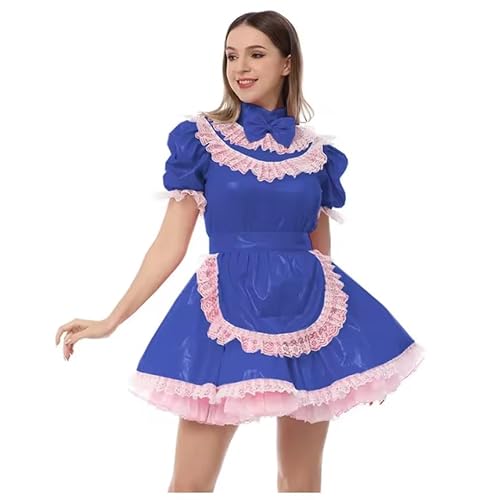 YGZHANYUANOKU Sissy Minikleid aus PVC-Leder mit Schürze, Dienstmädchen-Uniformen, hoher Halsausschnitt, Spitzenbesatz, Schleife, metallisches Dienstmädchen-Cosplay-Kostüm, Lolita-Outfit, anpassbar, von YGZHANYUANOKU