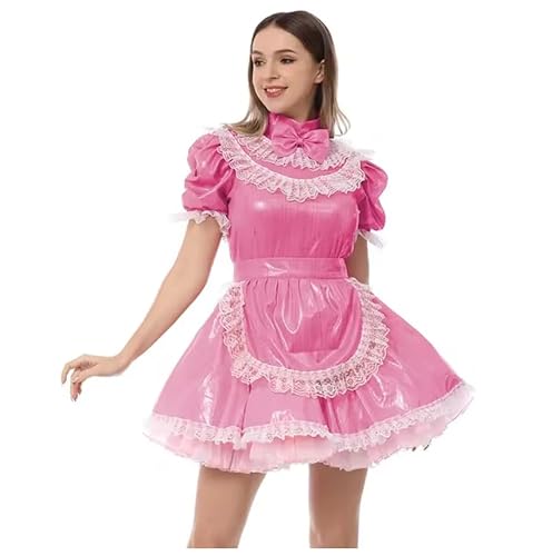 YGZHANYUANOKU Sissy Minikleid aus PVC-Leder mit Schürze, Dienstmädchen-Uniformen, hoher Halsausschnitt, Spitzenbesatz, Schleife, metallisches Dienstmädchen-Cosplay-Kostüm, Lolita-Outfit, anpassbar, von YGZHANYUANOKU