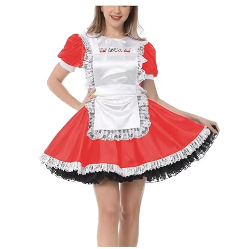 YGZHANYUANOKU Sissy Süßes Dienstmädchenkleid, Cospiay-Kostüm, Puff, kurzärmelig, Dienstmädchen-Outfits mit Schürze, Spitzenbesatz, plissiert, Minikleid, Party-Uniformen, Rot, Größe S von YGZHANYUANOKU