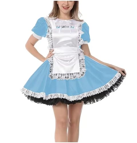 YGZHANYUANOKU Sissy Süßes Dienstmädchenkleid, Cospiay-Kostüm, Puff, kurzärmelig, Dienstmädchen-Outfits mit Schürze, Spitzenbesatz, plissiert, Minikleid, Party-Uniformen, Seeblau, Größe XL von YGZHANYUANOKU