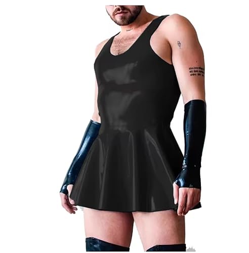 YGZHANYUANOKU Sissy ärmelloses A-Linien-Minikleid für Herren, PVC-Leder, U-Ausschnitt, Nachtclub, Cosplay, Dienstmädchen, Kellner, Wet-Look, personalisierbar, Schwarz , XL von YGZHANYUANOKU