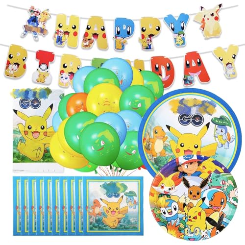 Party teller 62 pcs Geburtstag Party Geschirr, pokemon Partygeschirr Set, Pappteller Kindergeburtstag mit Luftballons, pokemon Luftballons Pappteller Servietten Tischdecke von YHBGUSSS