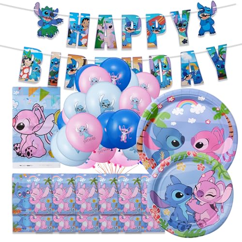 Party teller 62 pcs Geburtstag Party Geschirr, stitch Partygeschirr Set, Pappteller Kindergeburtstag mit Luftballons, stitch Luftballons Pappteller Servietten Tischdecke von YHBGUSSS