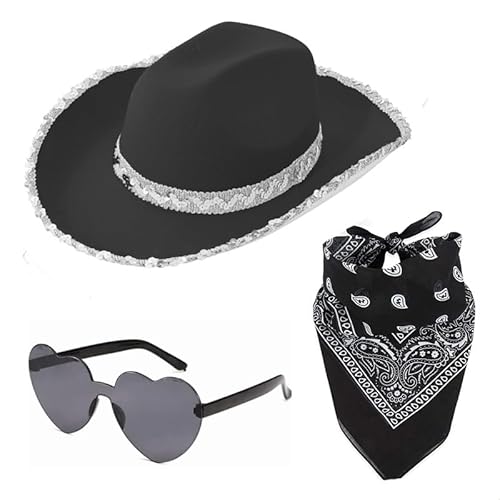 Cowboyhut für Damen, Bling Cowboyhut Herz Brille Bandana Kostüm für Partys, Damen Cowgirl Verkleidung für Halloween Geburtstag Junggesellinnenabschied (A) von YHHIRCH