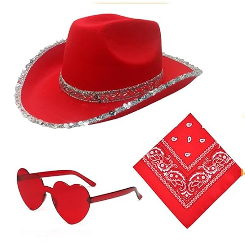 Cowboyhut für Damen, Bling Cowboyhut Herz Brille Bandana Kostüm für Partys, Damen Cowgirl Verkleidung für Halloween Geburtstag Junggesellinnenabschied (B) von YHHIRCH