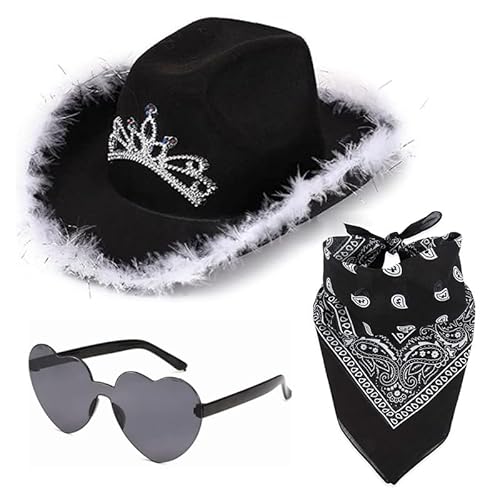 Cowboyhut für Damen, Bling Cowboyhut Herz Brille Bandana Kostüm für Partys Damen Cowgirl Verkleidung für Halloween Geburtstag Junggesellinnenabschied (E) von YHHIRCH