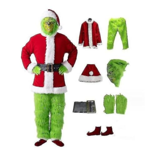 YHIY Herren Weihnachtsmann Cosplay Kostüm Weihnachten Grünes Monster Kostüm Erwachsene 7 PCS Christmas Weihnachten Outfit Party Cosplay Einzigartige Uniform L von YHIY