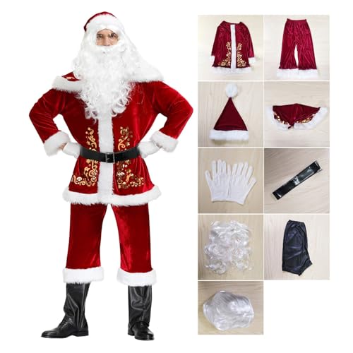 YHIY Weihnachtsmann Kostüm für Männer 9 Stk Set Weihnachtsfeier Cosplay für Erwachsene Roter Deluxe Samt Weihnachtsmann-Anzug Unisex L von YHIY