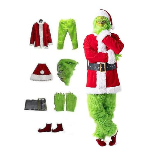 YHIY Weihnachtsmann Outfit Grünes Monster Kostü 7 Teiliges Grinch Kostüm für Erwachsene Halloween Weihnachtsanzug mit Maske Cosplay Requisiten Pelziger Anzug L von YHIY