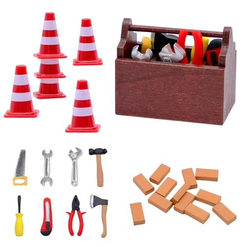 27 Stück Wichtel Baustelle Set, Miniatur Werkzeugkasten Set, Mini Holz Werkzeugkiste, Mini Straßensperre, Mini Simulation Ziegel, für Puppenhaus Zubehör Weihnachten von YHSKJCD