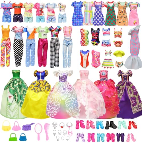 YHSKJCD 28 Stück Kleidung und Zubehör Kompatibel mit Barbie Puppen 3 Fashion Kleider 3 Freizeitbekleidung Kleidung( Tops und Hosen ) 10 Paar Schuhe 12 Zubehör für 11,5 Zoll Mädchen Puppen von YHSKJCD